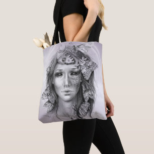 Woman Portrait with Moths Surreal Dark Fantasy Art Tote Bag