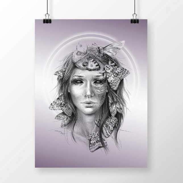 Woman portrait with moths surreal pencil art poster (Creator Uploaded)