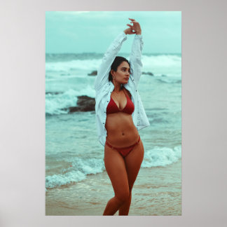 Woman Posing On A Beach In Red Bikini Poster