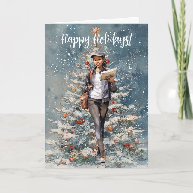 Woman Postal Carrier Christmas Tree Card (Front)