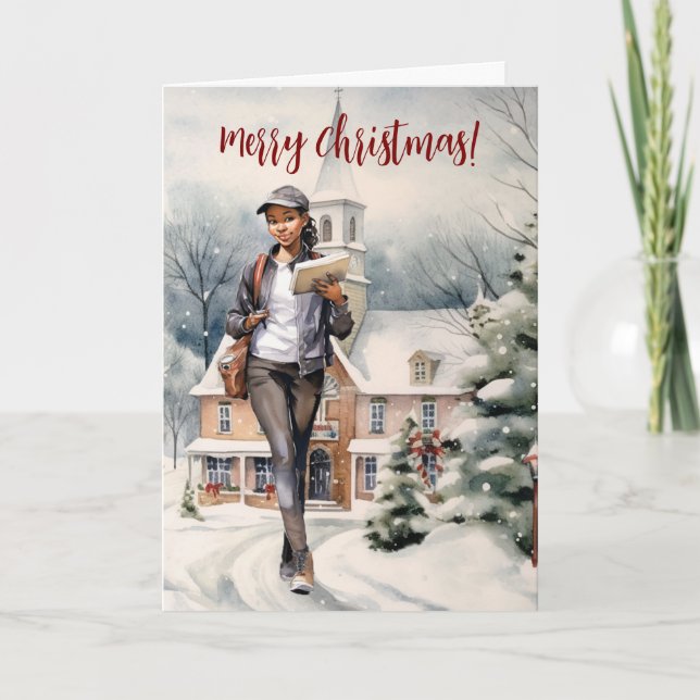 Woman Postal Carrier Thank You Christmas Holiday Card (Front)