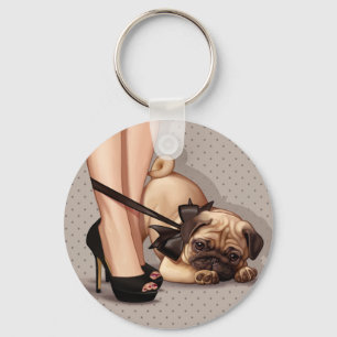 Woman & Pug Puppy Key Ring