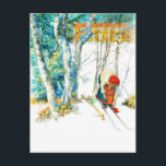 Woman Puts on Her Skis Postcard<br><div class="desc">Vintage Carl Larsson Scandinavian winter scene depicting a woman with her cross country skis.</div>