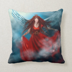 Woman queen with wings in red dress in clouds cushion