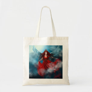 Woman queen with wings in red dress in clouds tote bag