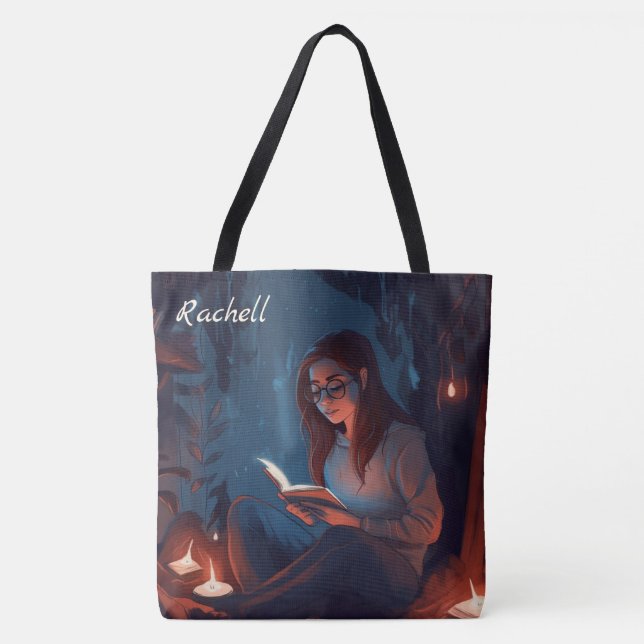 Woman Reading a Book at Night Birthday Gift Tote Bag (Front)