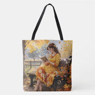 Woman Reading a Book Fall Leaves Birthday Gift Tote Bag