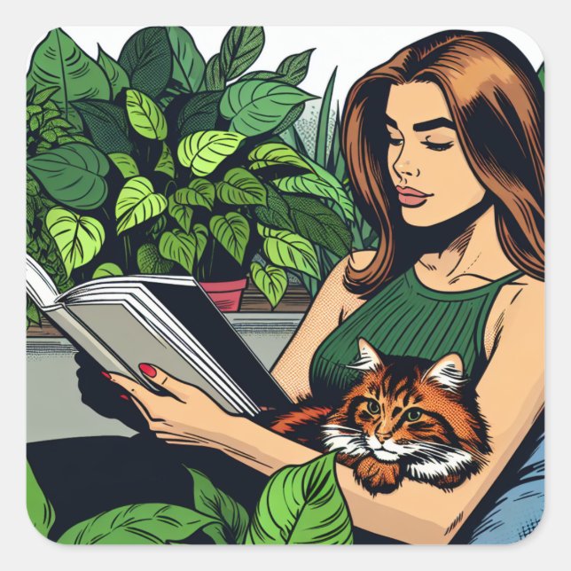 Woman Reading a Book with a cat on her Lap Square Sticker (Front)
