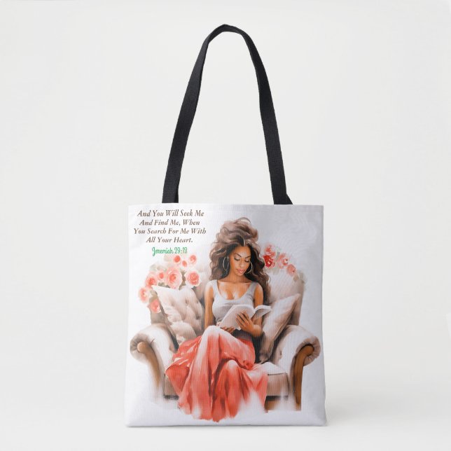 Woman Reading Bible Verse White  Tote Bag (Front)