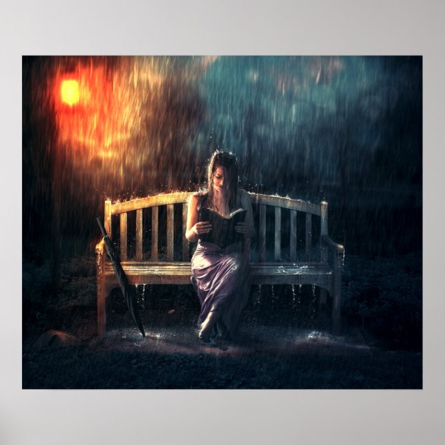 Woman Reading Book in the Rain Poster (Front)