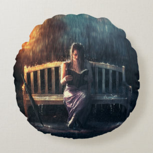 Woman Reading Book in the Rain Round Cushion