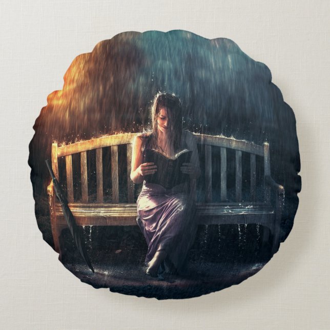 Woman Reading Book in the Rain Round Cushion (Front)