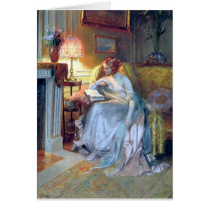 Woman reading by the lamp antique painting