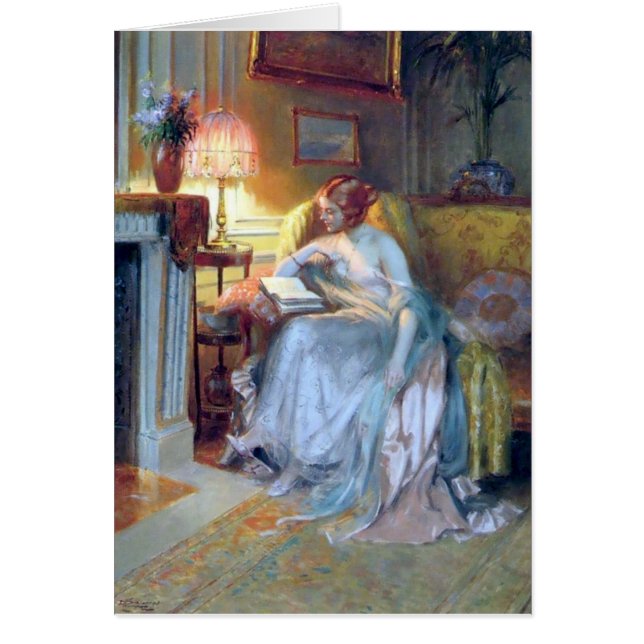 Woman reading by the lamp antique painting (Front)