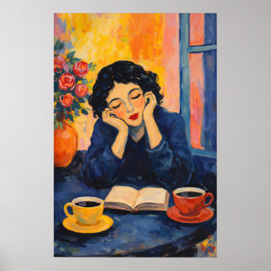 Woman Reading Coffee Poster, Vintage Impressionist Poster