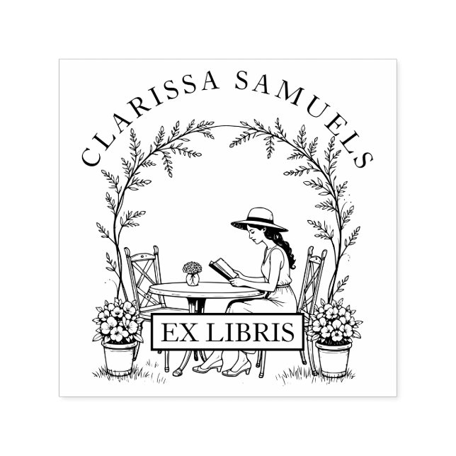 Woman Reading Garden Table Flowers Hat Ex Libris Self-inking Stamp (Design)