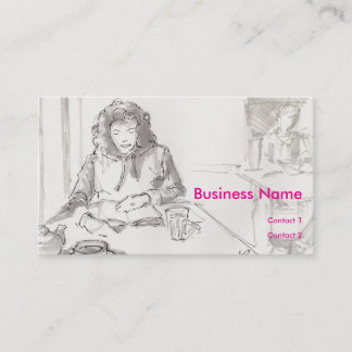 Woman reading in cafe drawing business card