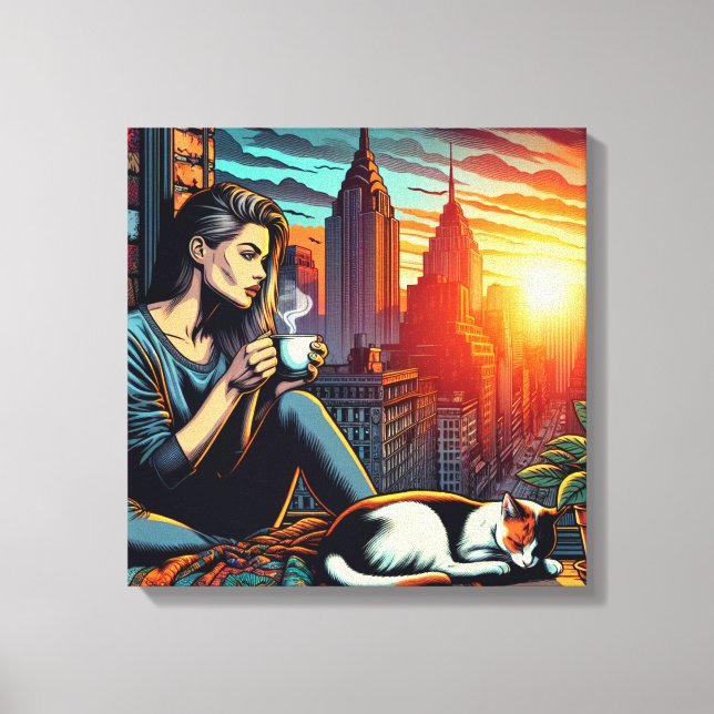 Woman Reading in City Window with Cat and Coffee Canvas Print (Front)