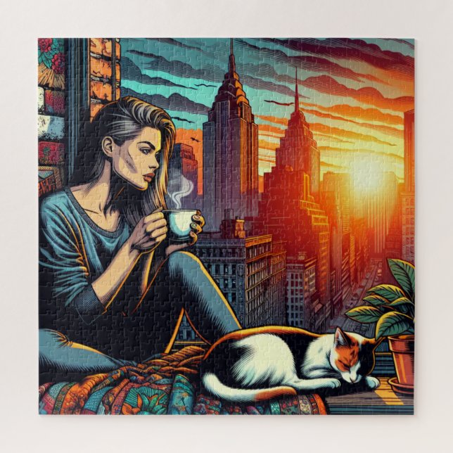 Woman Reading in City Window with Cat and Coffee Jigsaw Puzzle (Vertical)