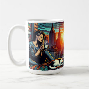 Woman Reading in City Window with Cat and Coffee Mug