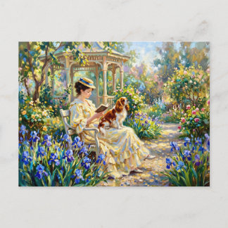 Woman Reading in Garden with Cavalier Spaniel Postcard