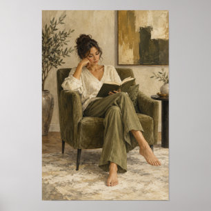 Woman Reading in Green Armchair Cosy Figurative Wa Poster