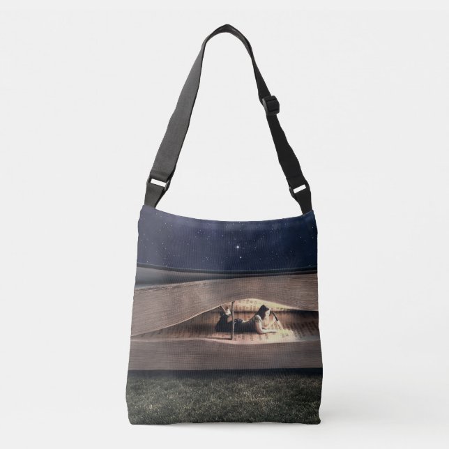 Woman Reading Inside Book at Night Crossbody Bag (Front)