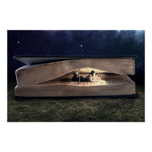 Woman Reading Inside Book at Night Poster