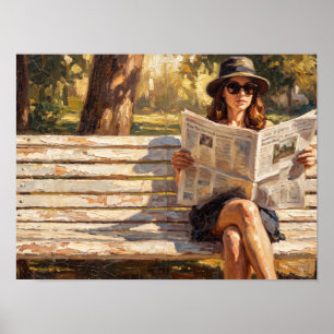 Woman Reading Newspaper on Park Bench Paint Poster
