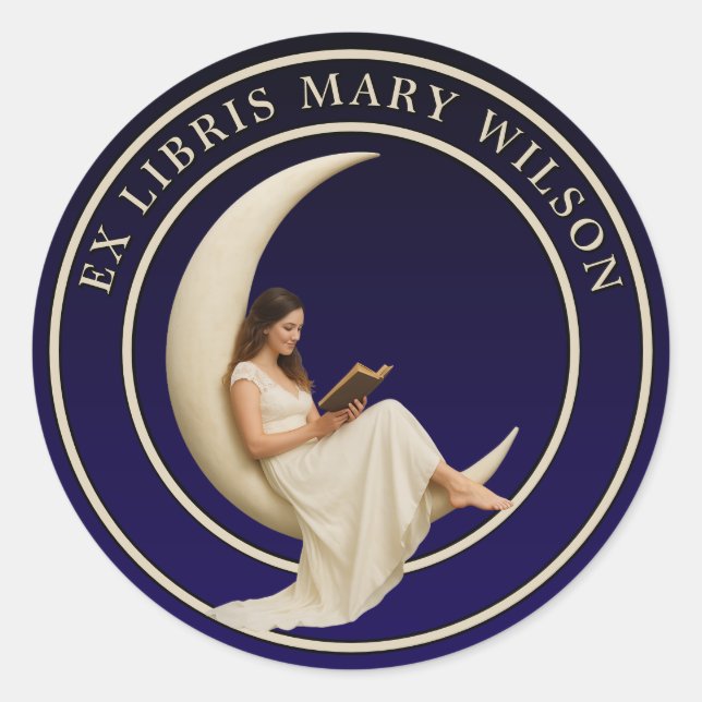 Woman Reading On Crescent Moon Ex Libris Template Classic Round Sticker (Front)