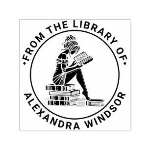 Woman Reading Perched on Book Stack Library Na Self-inking Stamp