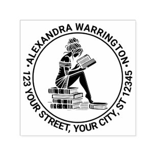 Woman Reading Perched on Books Name Return Address Self-inking Stamp
