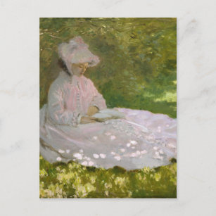 Woman Reading Springtime Monet Postcard
