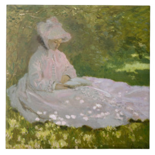 Woman Reading Springtime Monet Tile