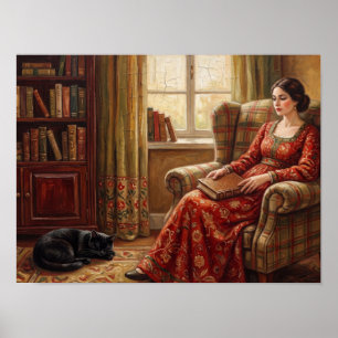 Woman Reading with Black Cat Painting Poster