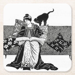 Woman reading with cat accent square paper coaster