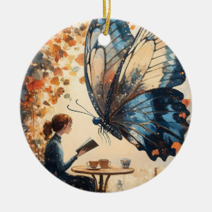 Woman Reading with Giant Butterfly Abstract Art Ceramic Tree Decoration