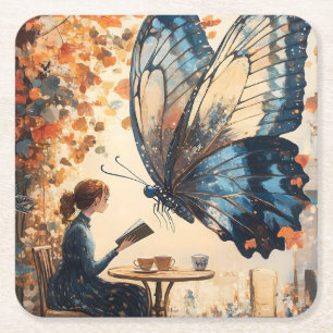 Woman Reading with Giant Butterfly Abstract Art Square Paper Coaster