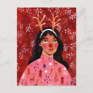Woman red Christmas festive reindeer  Holiday Postcard