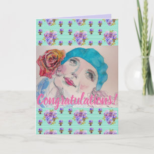 Woman Red Rose Floral Conrgatulations art Card