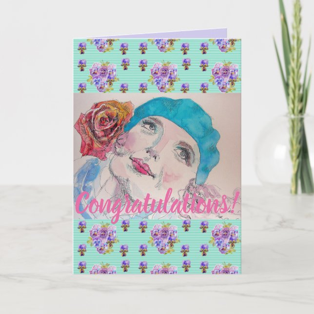 Woman Red Rose Floral Conrgatulations art Card (Front)