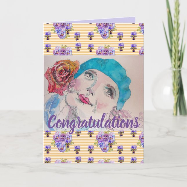 Woman Red Rose Floral Conrgatulations art Card (Front)