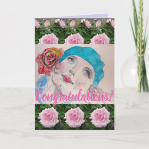 Woman Red Rose Floral Conrgatulations art Card
