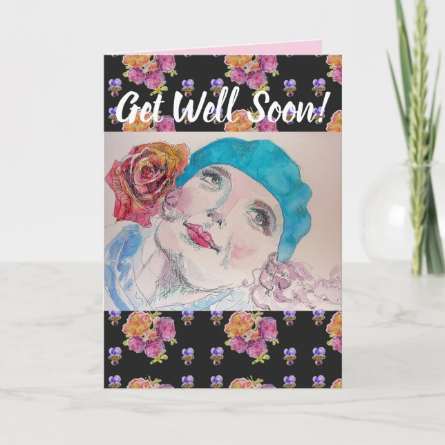 Woman Red Rose Floral Get Well Soon art Card (Front)