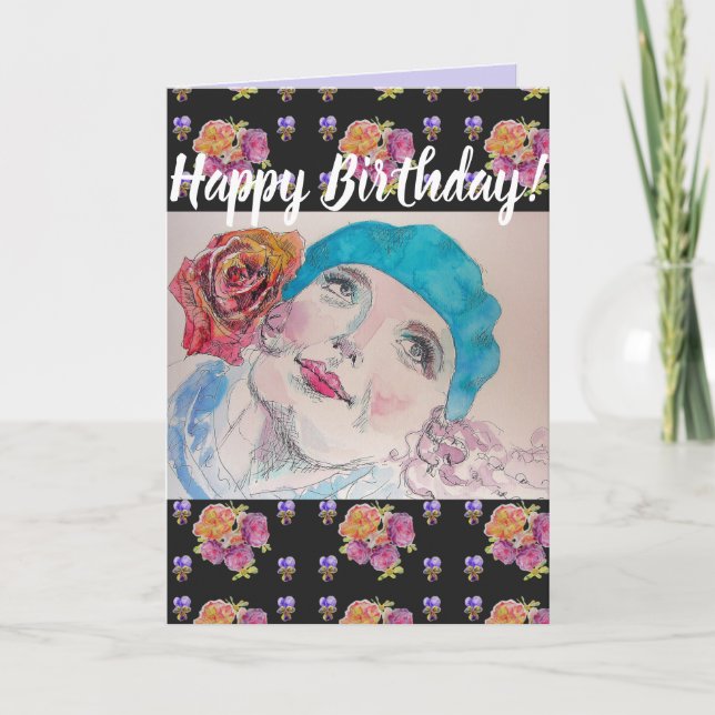 Woman Red Rose Floral Happy Birthday art Card (Front)
