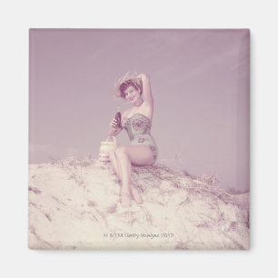 Woman Relaxing on Beach Magnet