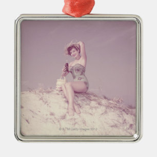 Woman Relaxing on Beach Metal Tree Decoration