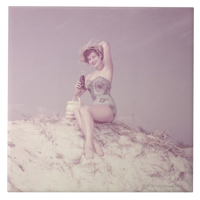 Woman Relaxing on Beach Tile (Front)
