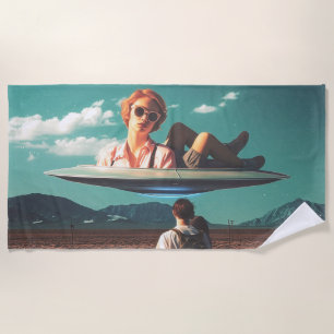Woman Relaxing on UFO in Desert Beach Towel