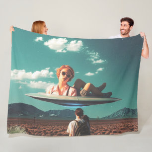 Woman Relaxing on UFO in Desert Fleece Blanket